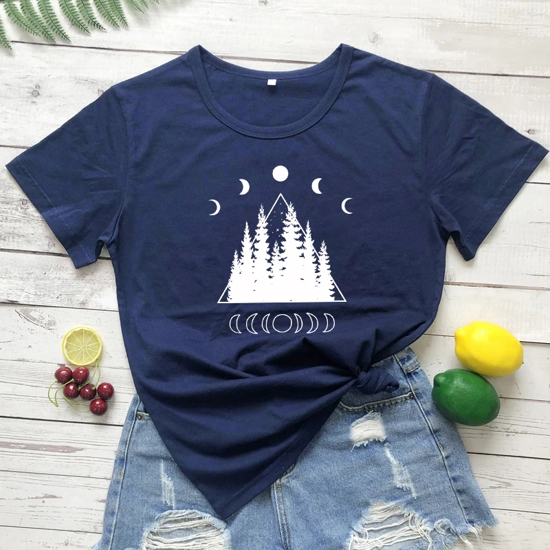 Moon Phases Forest 100%Cotton T-shirt Aesthetic Celestial Moonchild Tshirt Women Mysterious Witch Graphic Tee Shirt Top Camiseta