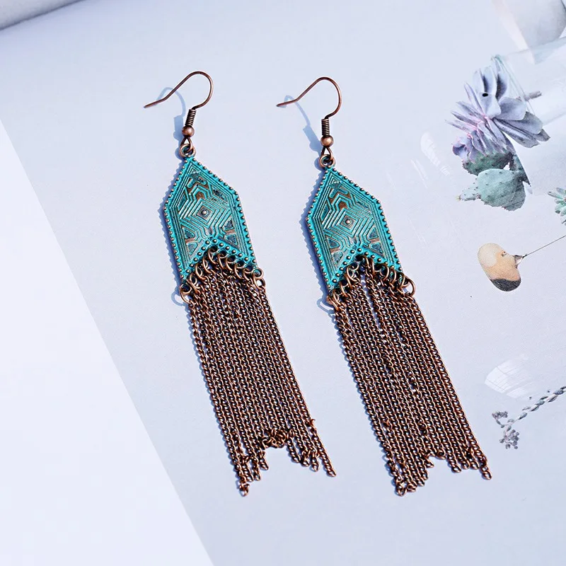 Women\'s Tassel Dangle Earrings Rhombus Alloy Long Chain Bohemia Earrings Jhumka Earrings Orecchini Etnici