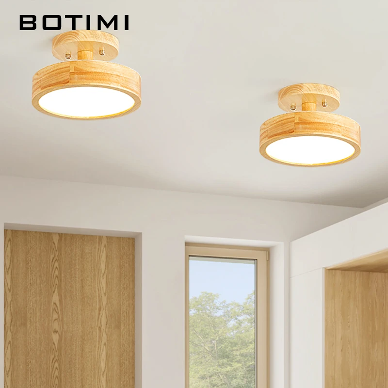 BOTIMI Japanese Natural Wood Ceiling Lights For Corridor Round Wooden Surface Mounted Bedroom Lighting Modern Store room Lamp