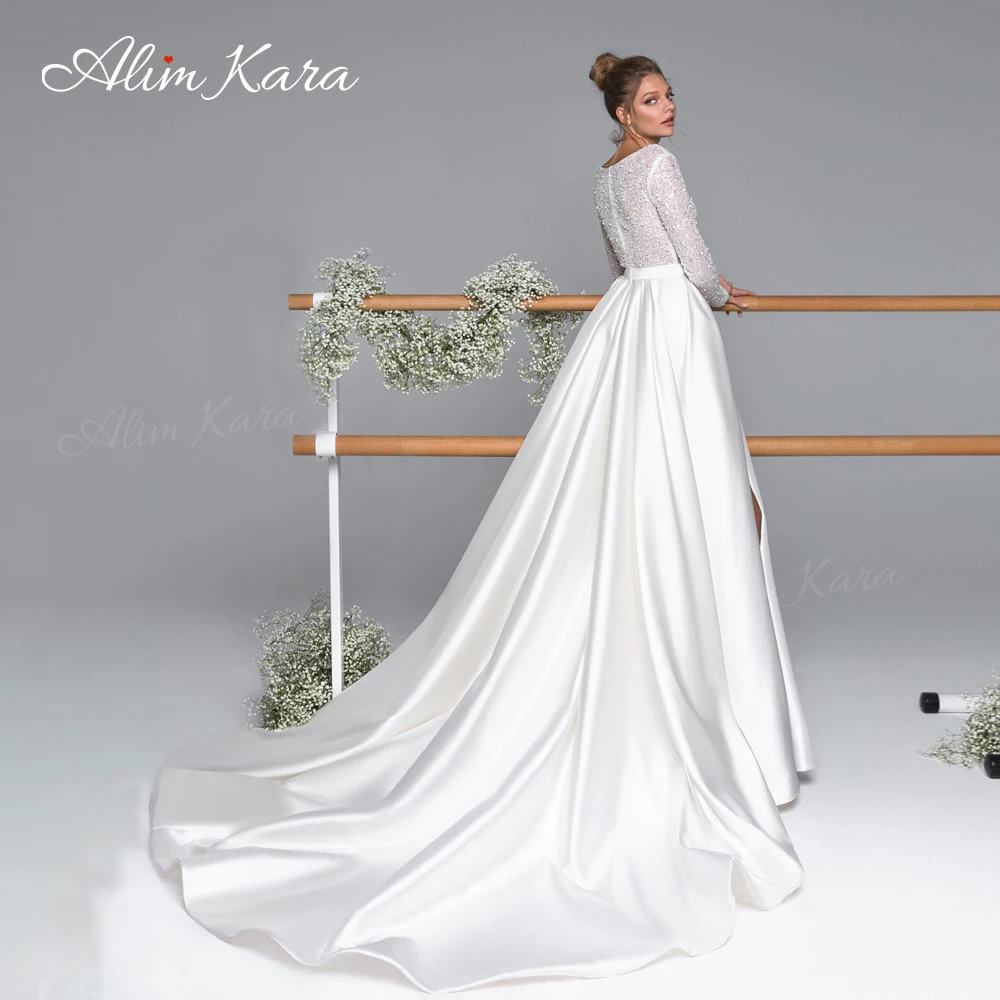 فستان زفاف بأكمام طويلة على شكل حرف a 2025 فستان عروس سبليت على شكل حرف v مخصص للأميرة Alim Kara EL05 مقاس كبير فيستدو دي نوفيا