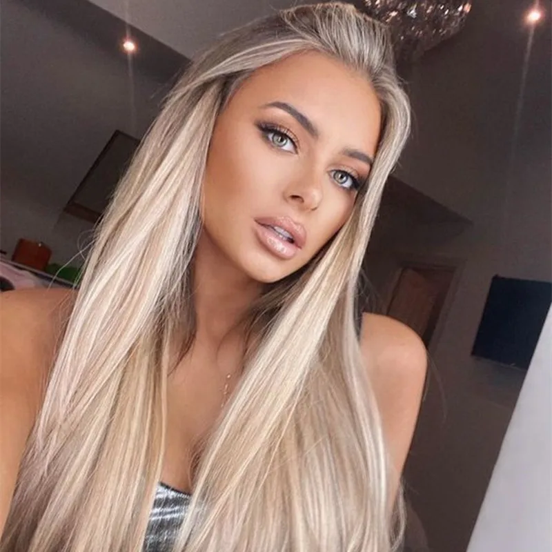 Highlight Blonde Synthetic Lace Wigs Long Straight 13x4 Lace Front Wig 99J Highlight Brown Colored Synthetic Lace Wig for Wome