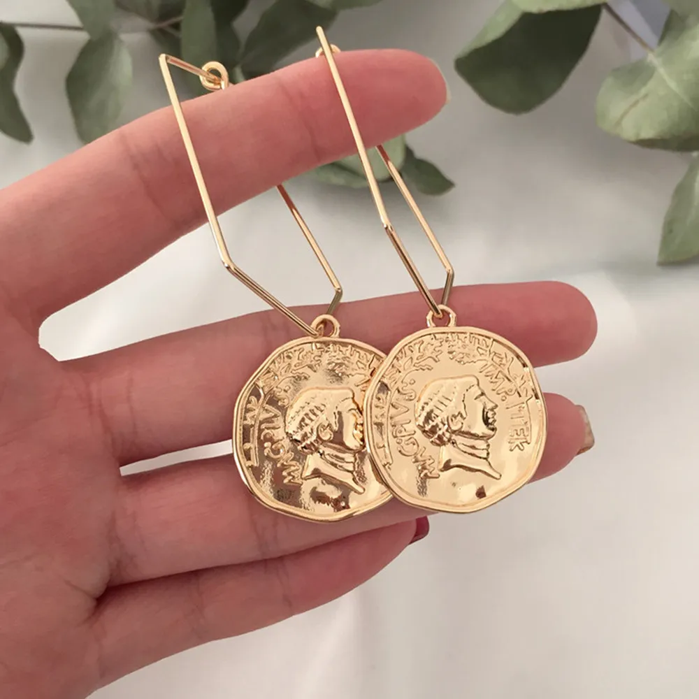 Simple Casual Women Drop Earrings Gold Color Coin Geometric Oval Circle Dangle Earrings for Women Fashion Vintage Boho Jewelry