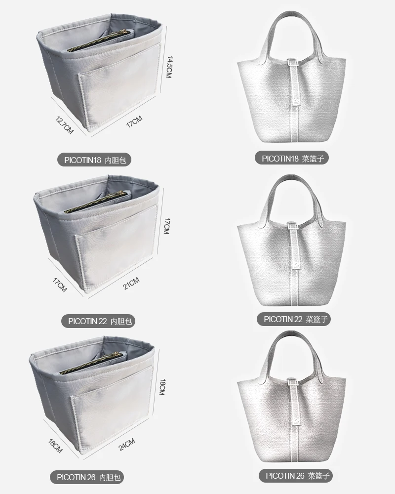 For Picotin 18 22 26 Insert Bags Organizer Makeup Handbag Organize Inner Purse Portable base shaper Premium nylon (Handmade)