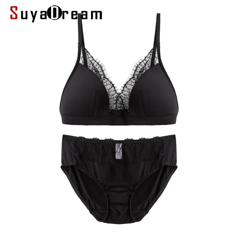 SuyaDream 2022 Bra Set 100%Real Silk and Lace Wire Free Comfort Bras and Panties Thin padding Healthy Underwears