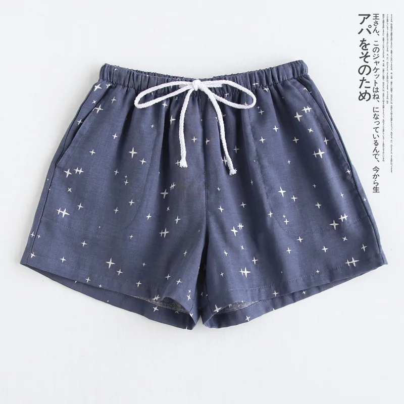 Summer Men and Women Pyjama Bottoms Couple Small Stars Print Cotton Double Layer Gauze Elastic Waist Sleep Shorts Lounge Pants