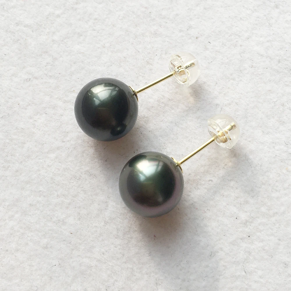 100% real AU750 18k gold nature tahitian pearl stud earring-AA+ good quality nature tahiti Pearl,9-10 mm sea salt pearl