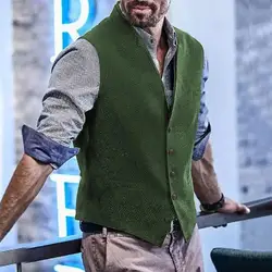 Gilet da uomo con doppio colletto e scollo a V in lana a spina di pesce, casual, formale, da lavoro, per matrimonio, verde/nero/marrone