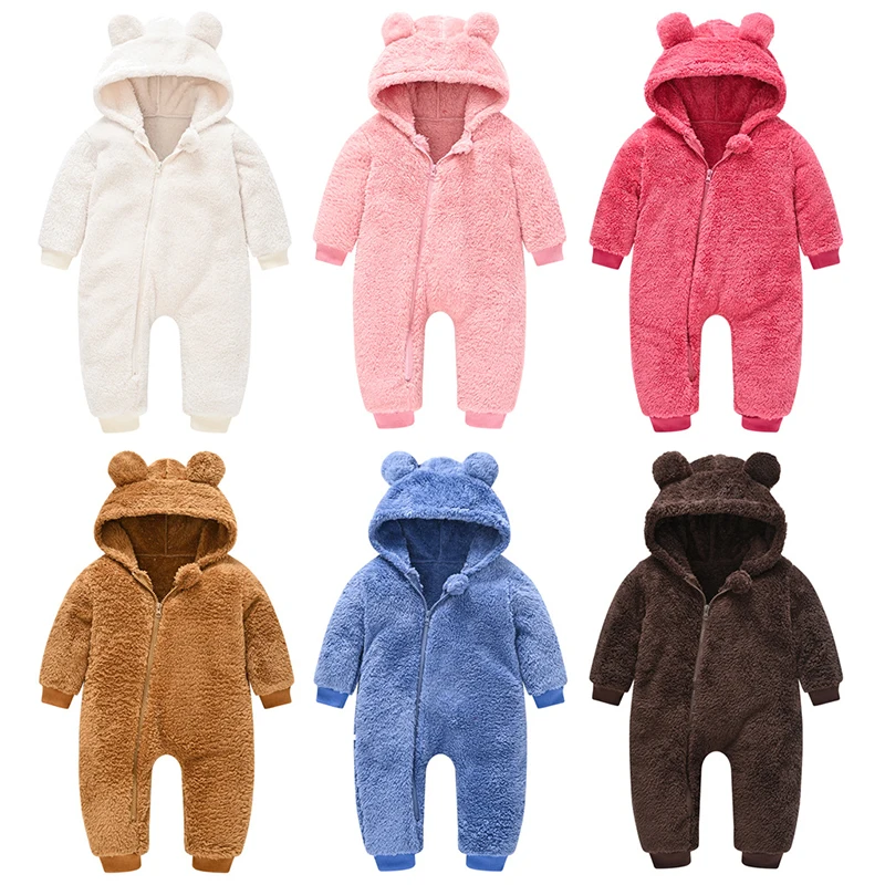 Baby Boy Clothes Spring Autumn Hooded Warm Baby Rompers Cute Plush Bear Overall Toddler Girl Jumpsuit Infants Crawling Clothing