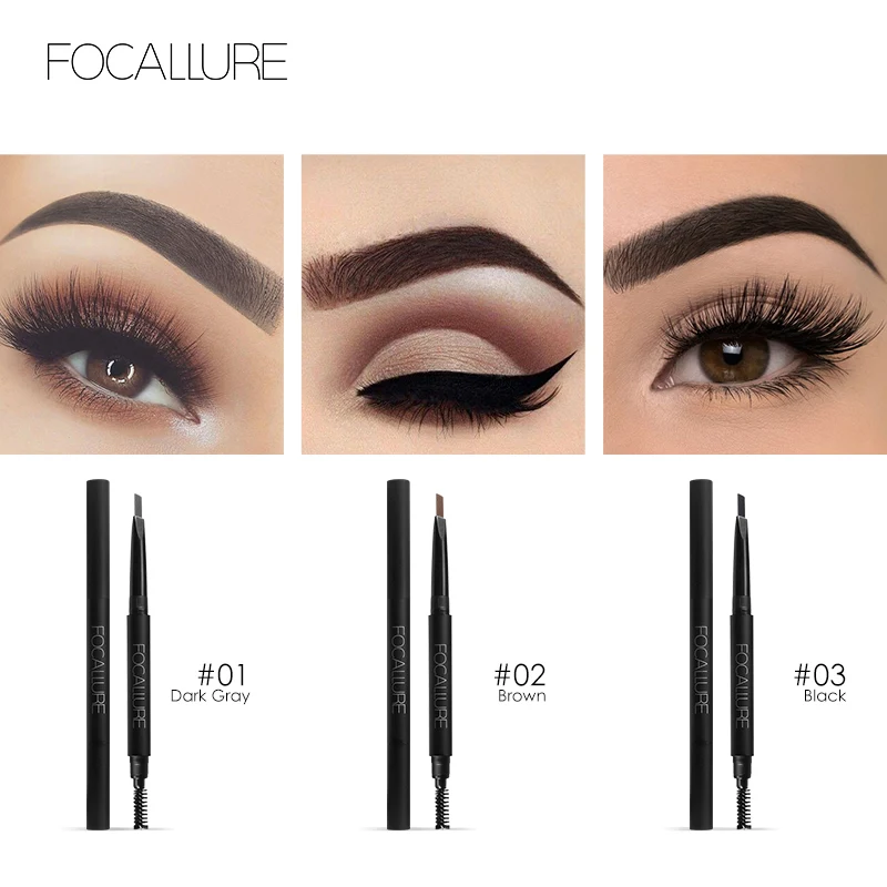 Focallure Waterproof Eyebrow Pencil Black Brown Gray 3 Color Eye Brow Pen with Brush Professional Eyebrow Enhancer