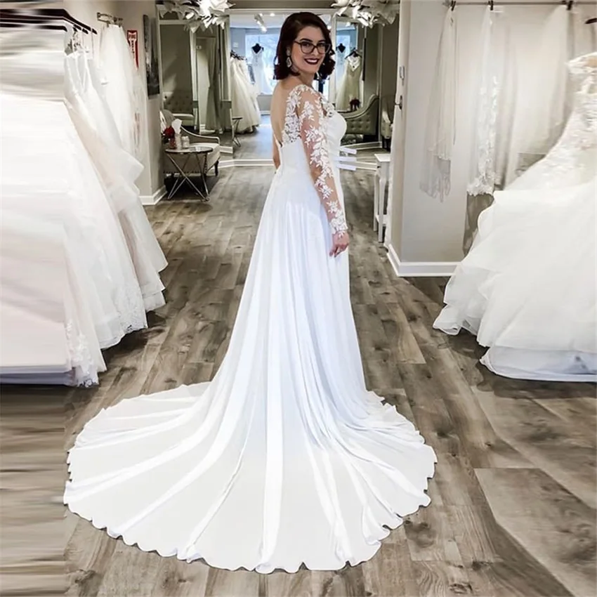 Full Length Beach Wedding Dresses Illusion Long Sleeves V-neck Chiffon Bridal Dresses Backless White Ivory Wedding Gowns