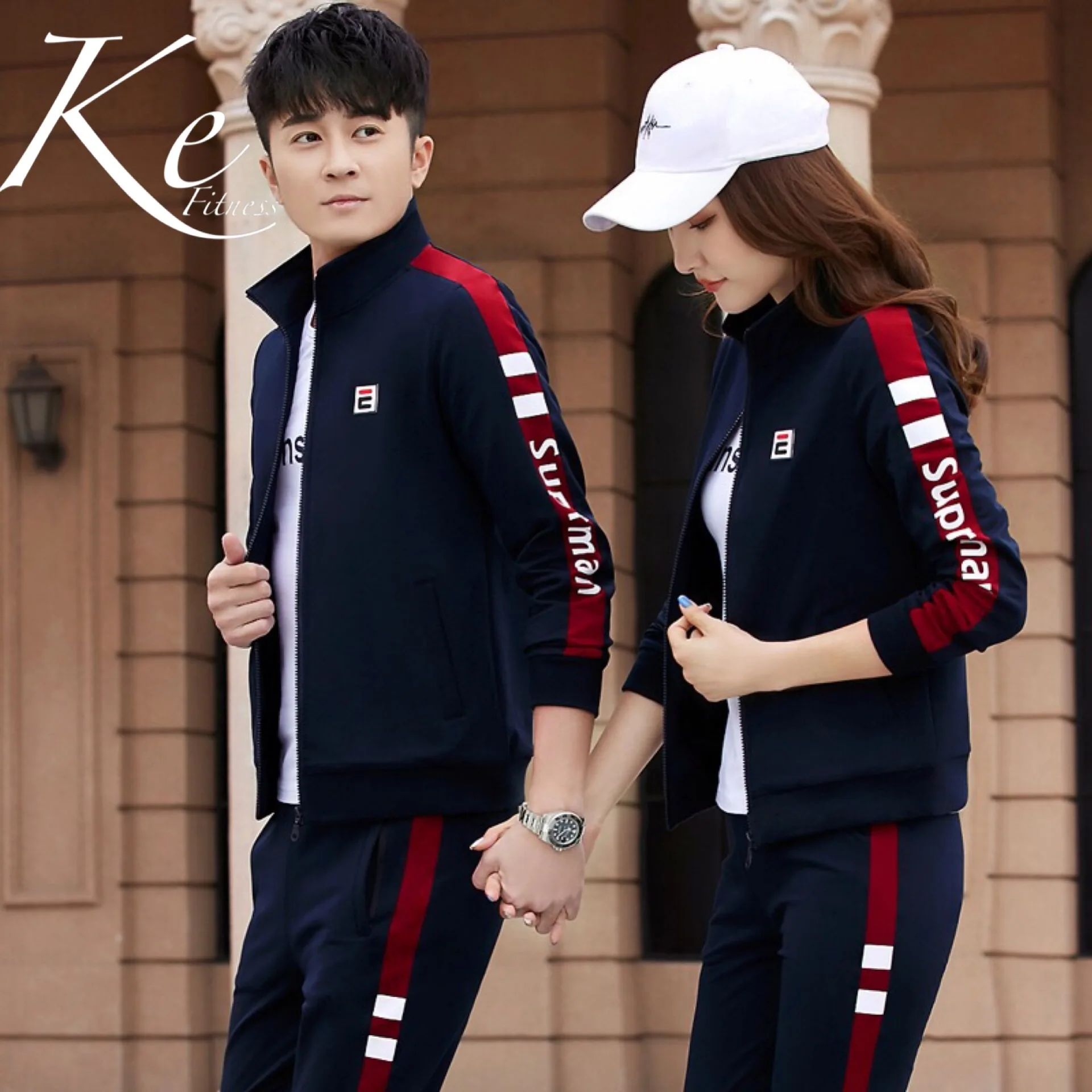 

KE243 unisex red striped 3 pieces t-shirt and tracksuit sport set man large size plus sportswear woman sport suit men