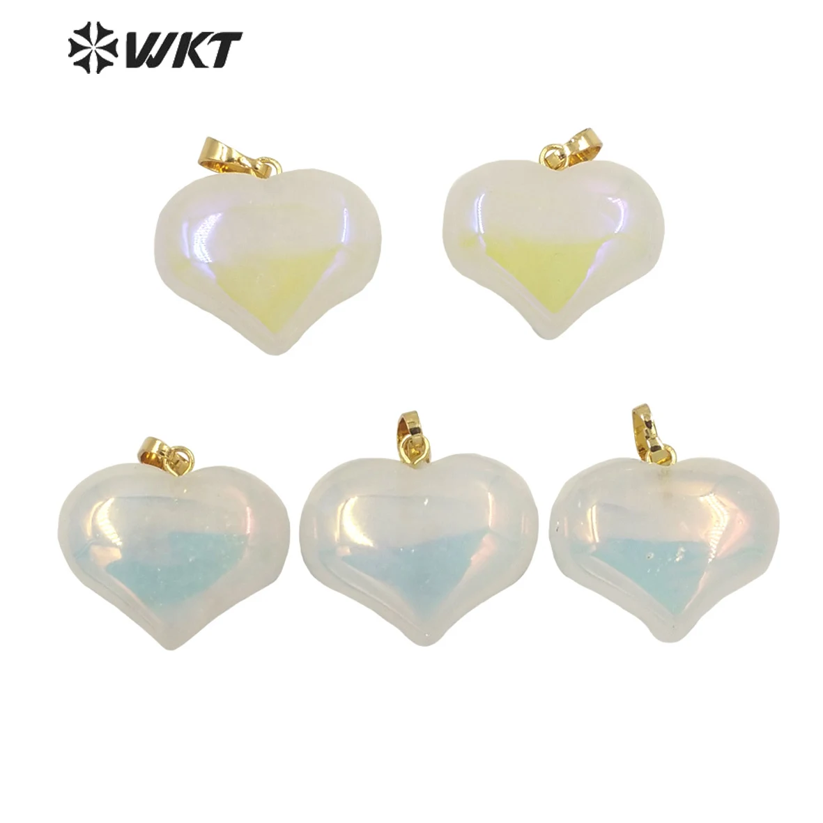 WT-P1707 Wholesale Fashion Gold Aura Crystal Quartz Heart Stone Pendant Simple Hoop Natural Flash Rainbow For Jewelry Design