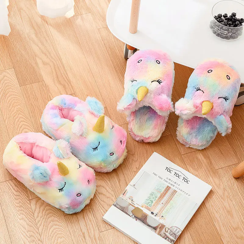 Hot Girl\'s Home Lovely Plush Soft Shoes Women Indoor Warm Colored Cartoon Unicorn Slippers Ladies Funny Furry Comfortable Slides