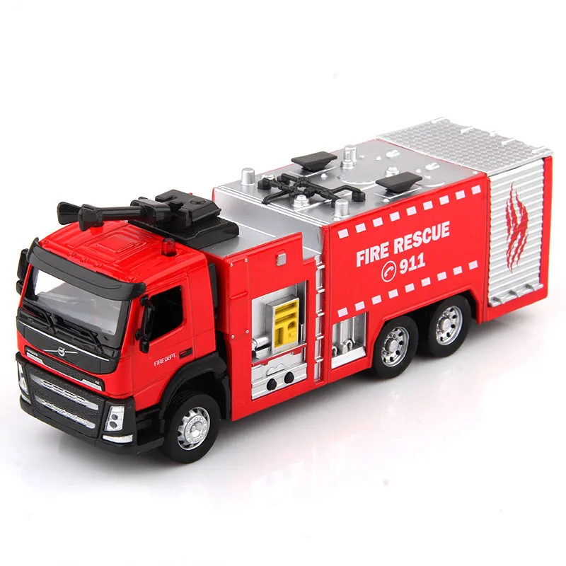 1:50 Scale Volvo Ladder Fire Engine Truck Toy Car Diecast Vehicle Model Pull Back Sound & Light Educational Collection Gift Kid