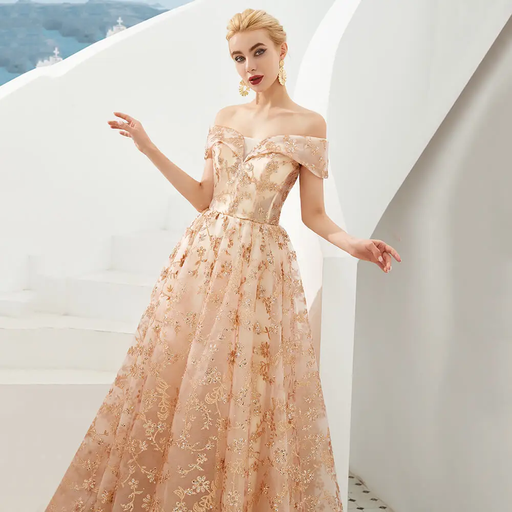 Elegante abito da sera lungo in pizzo con scollo a v allacciato dietro la spalla oro rosa 2020 nuovi abiti da ballo da sera Robe de Soiree Longue