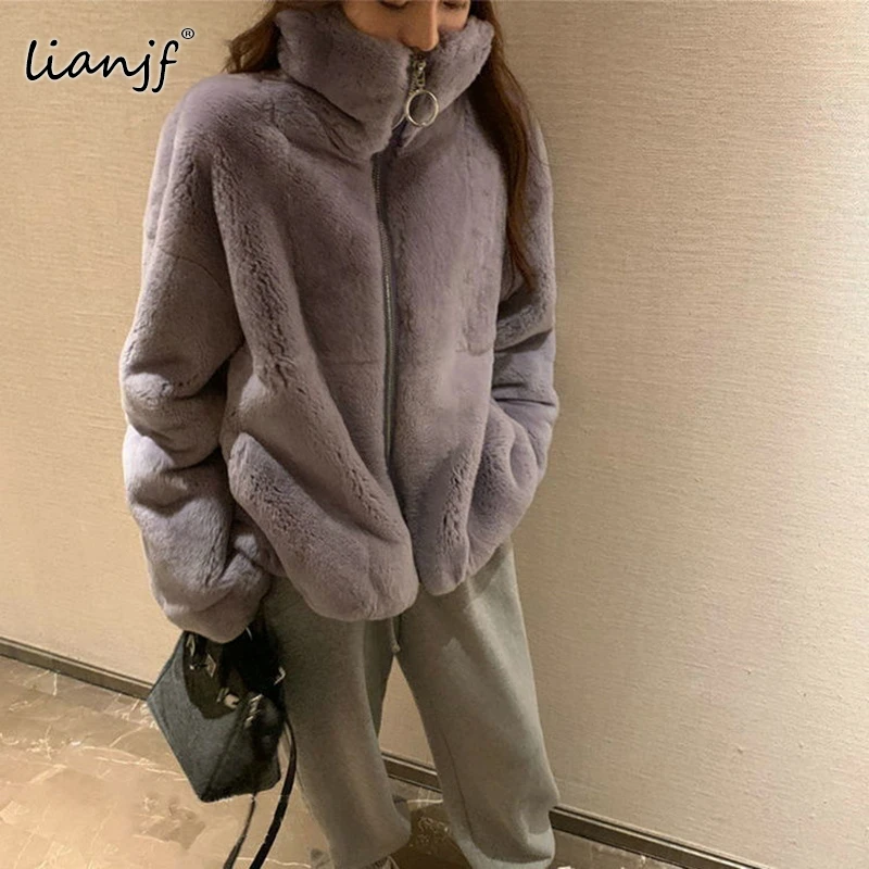 

2021 Women Winter Faux Fur Jacket Thick Loose Warm Cotton Korean Coats Harajuku Plus Size Clothing For Women Goth Korean Fashion