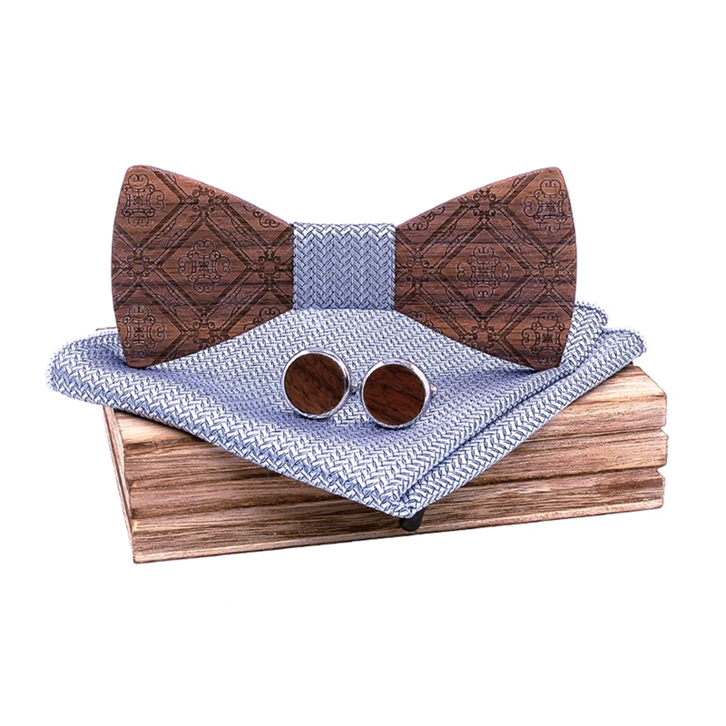 Wooden Bow Ties Marriage Silver Grey Bow Tie For Men Plaid Butterfly Cravat Bowtie Butterflies cufflinks pocket square set