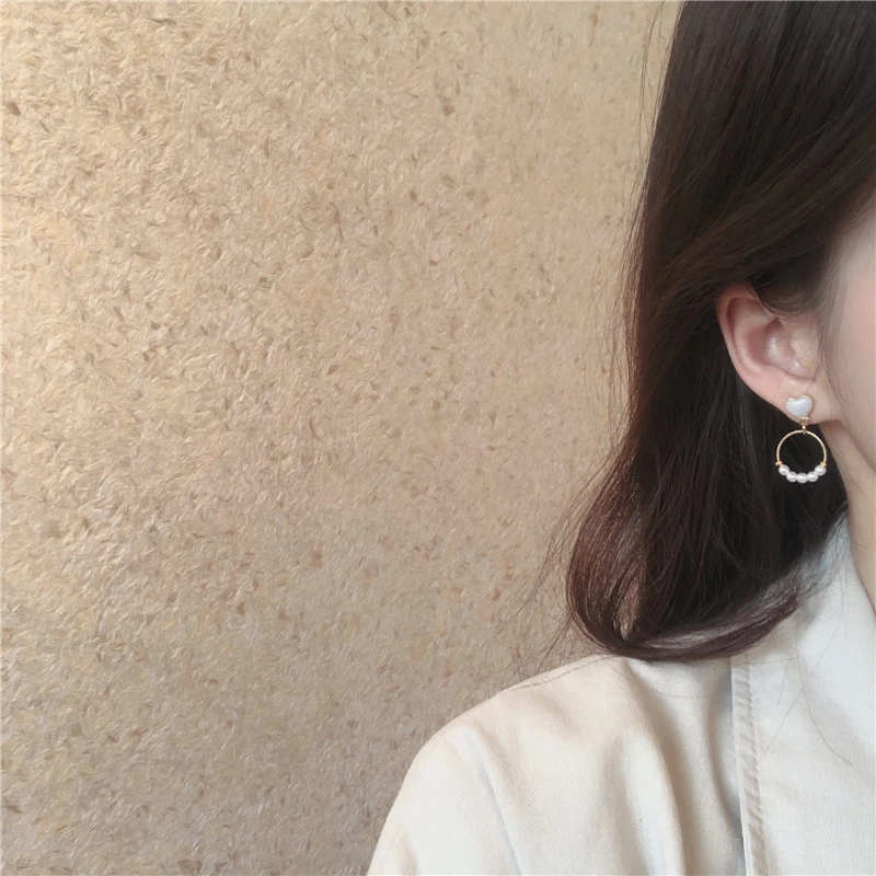 Glamour Fashion S925 Needle Korean Earrings New Temperament Small Ring Geometric Love Heart Pearl Sweet Girl Earrings