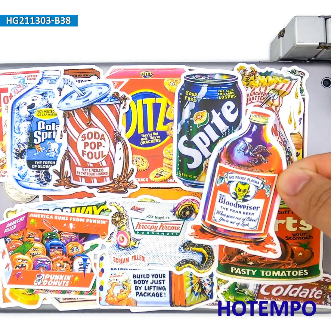 38 stuks, Snacks Drankjes Eten Spoof Outer Packing Stickers, Retro Graffiti Kunst Stickers, voor telefoon, laptop, skateboard, motorfiets, auto, fiets, gitaar, Stickers Speelgoed