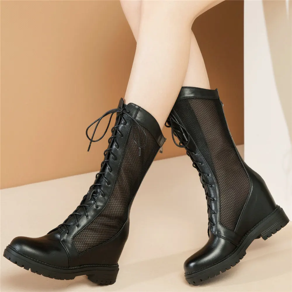 Women Lace Up Genuine Leather High Heel Mid Calf Riding Boots Female Breathable Mesh Round Toe Platform Pumps Shoes Casual Shoes