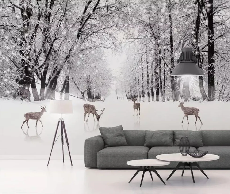 XUE SU Wall cloth custom wallpaper 3D mural elk snow scene TV sofa background wall a variety of materials are available