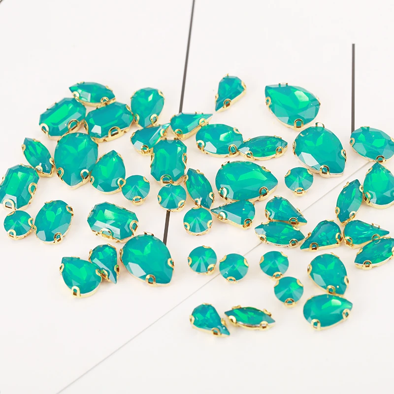 Mixed Shape 50pcs Malachite Green Opal Rhinestones With Gold Bottom Claw Flatback Sewing Stones For DIY Clothing Accessories