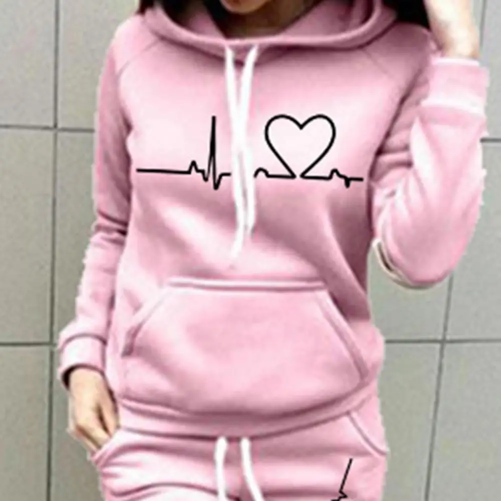 2 Pcs/Set Lady Tracksuit Fitness Outfits Heart Print Thick Warm Breathable Solid Color Hoodie Suit Hooded Suit Sportswear