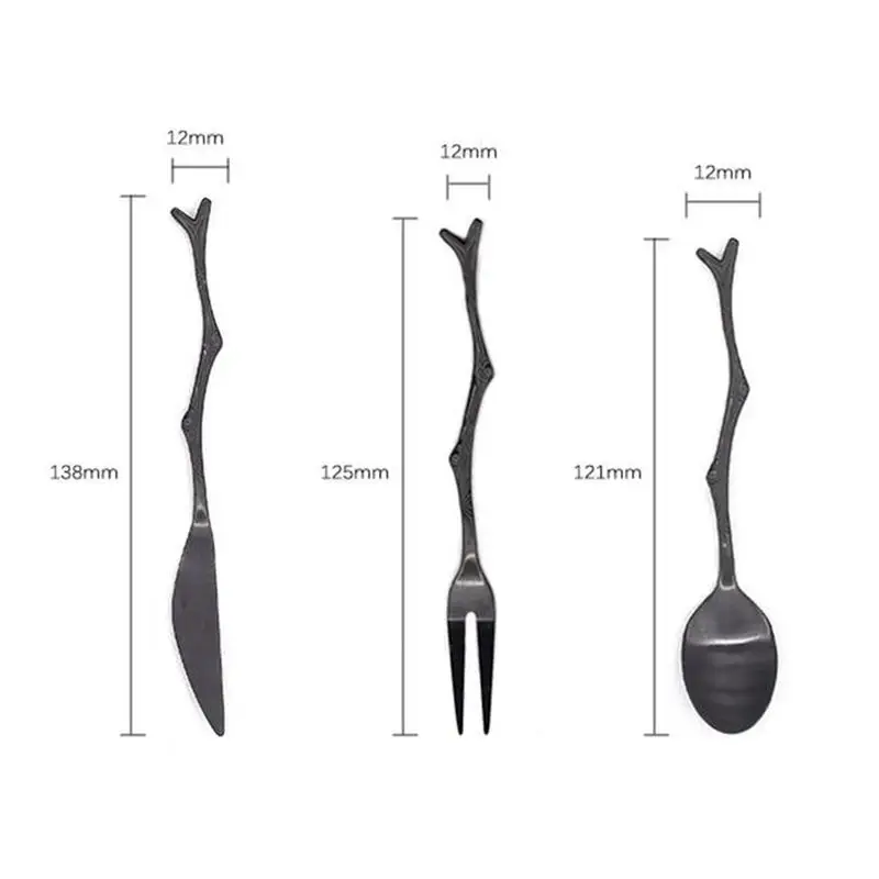 3pcs Stainless Steel Spoon Knife Fork Set Vintage Dinnerware Set Black Tree Branch Design Fruit Dessert Cutlery For Home