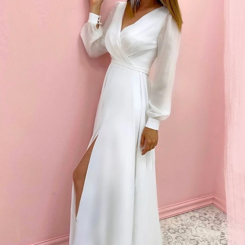 Simple White Beach Wedding Dress 2021 Long Sleeve Side Split Floor Lecngth Cheap For Bride Robe De Mariee Custom Made V-Neck