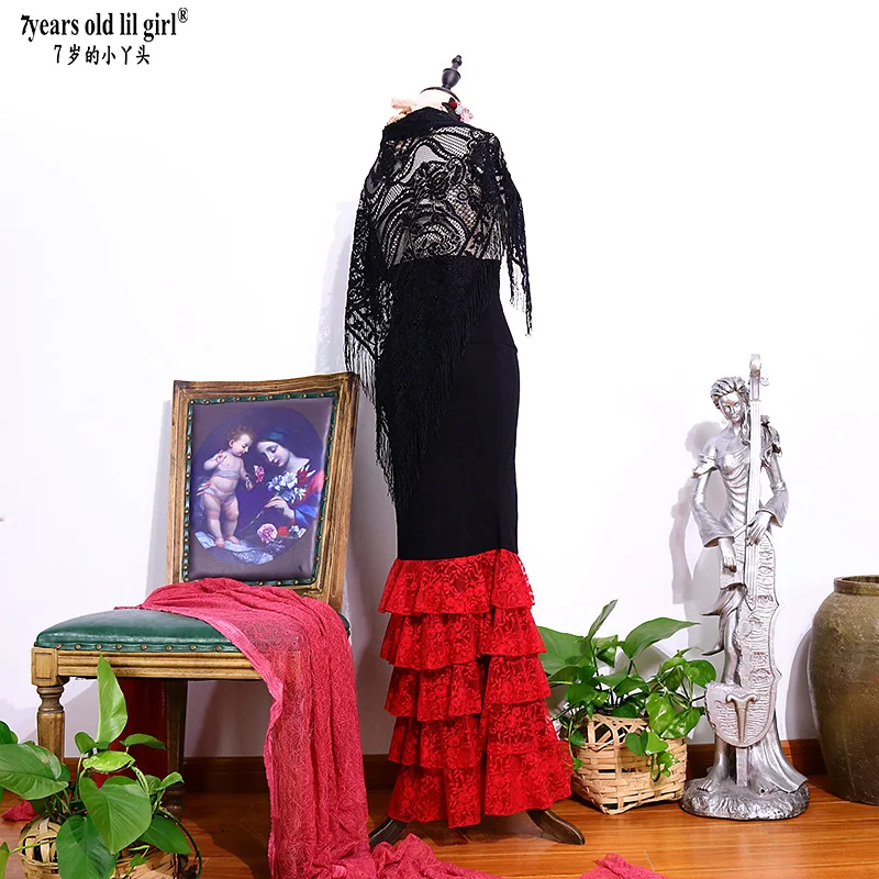 スペインのフラメンコダンススカートフリルロングスカートクラシックフラメンゴジプシーダンスウェアステージパフォーマンスコスチュームENN05