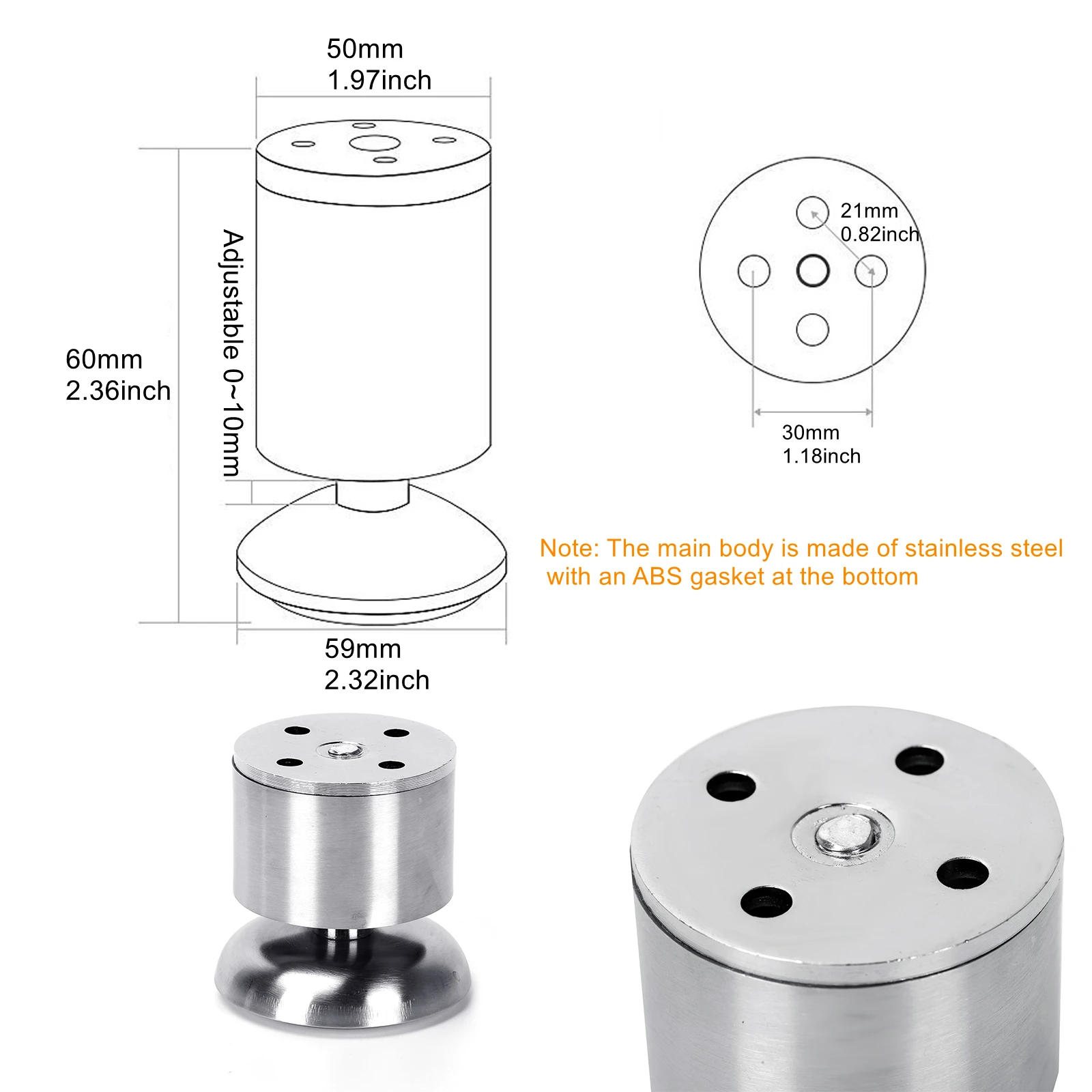 실버 두꺼운 스테인레스 스틸 가구 지지 다리 (조정 가능한 캐비닛 다리, 16 개 나사 포함)-6cm/2.36 인치 원형 다리, 로트당 4 개