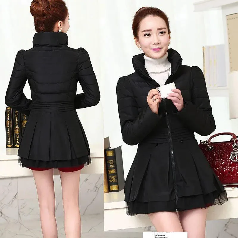 2024 Female Padded Jacket Women Mid-Length Winter Parkas Fashion Lace Jackets Thick Ladies Cotton Coat Black Outwear