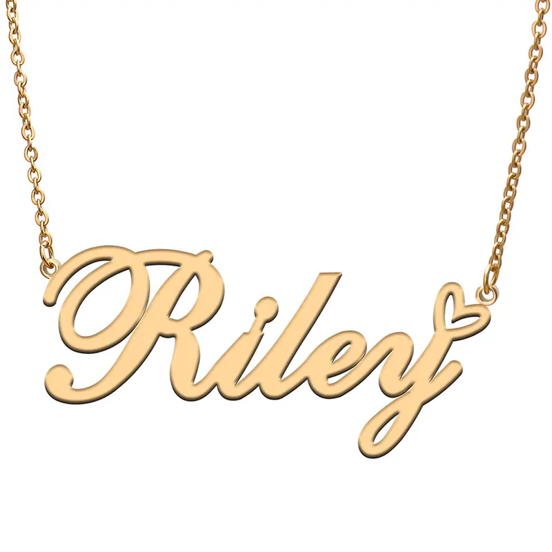 Riley Name with Love Heart Necklace for Women Stainless Steel Jewelry Nameplate Pendant Femme Mother Child Girls Gift