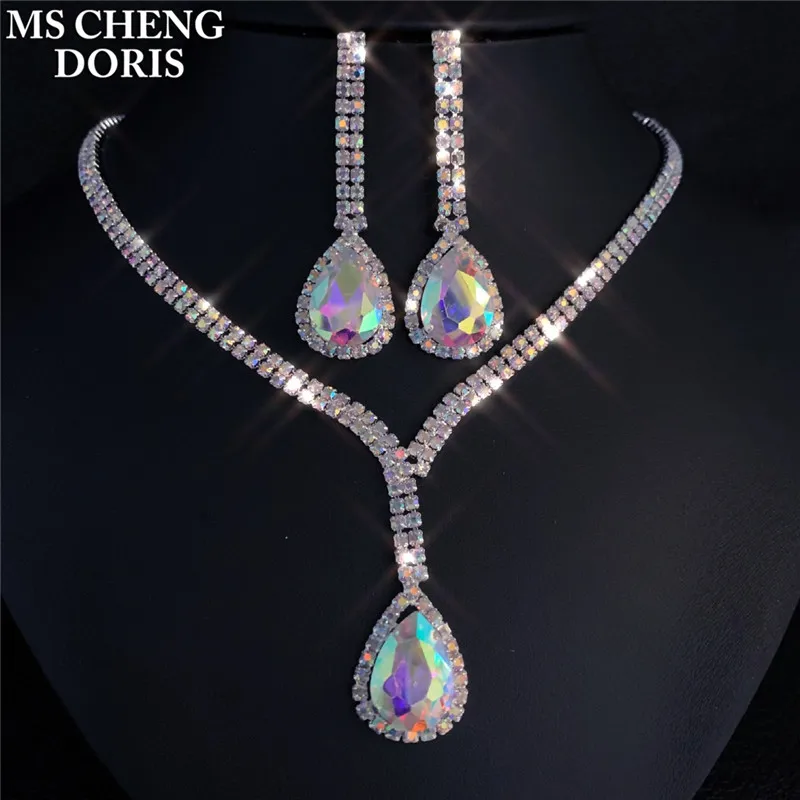 AB Color Jewelry Sets Water Drop Earrings Jewelry Set Rhinestones For Women Pendant Necklace/Earrings Wholesale