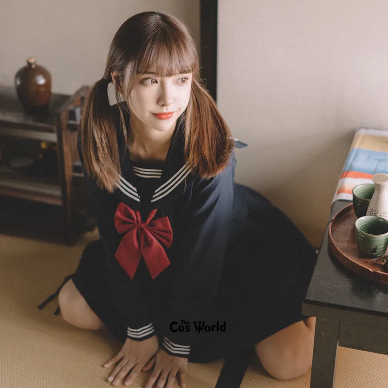 Navy Blue Summer Navy Sailor Suit Tops Skirts JK High School Uniform Class Uniform Students Cloth