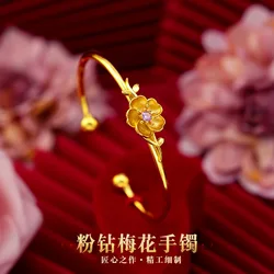 Fine Jewelry Real 18K Gold Twisted Chain Bracelet Solid Pink Diamond Flower Wedding Gift for Women