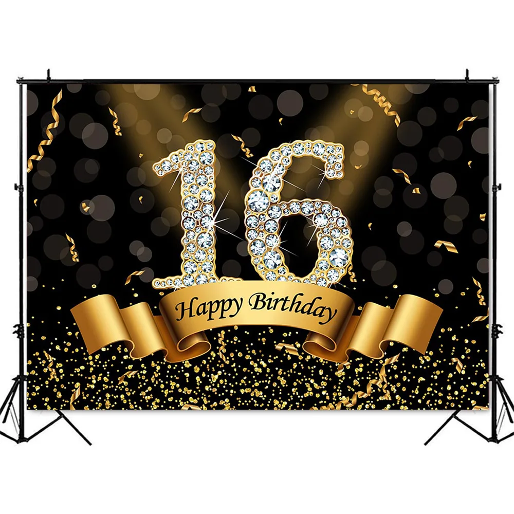 Sweet 16 Birthday Backdrop for Photography Girls Black and Gold Birthday Party Decoration Supplies Banner Bokeh Photocall Props