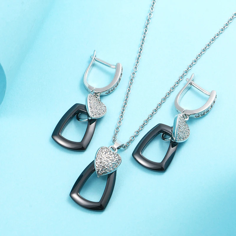 Heart Cubic Zirconia Geometric Pendant Necklace and Earring Jewelry Set for Women in Heatlhy Ceramic Jewelry sets Wedding Gift