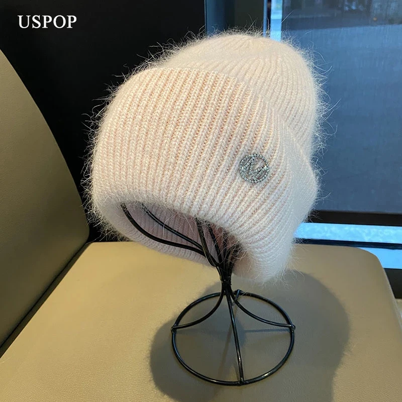 

New Winter Women Knitted Diamond Letter Thick Warm Soft Angora rabbit hair beanie hat