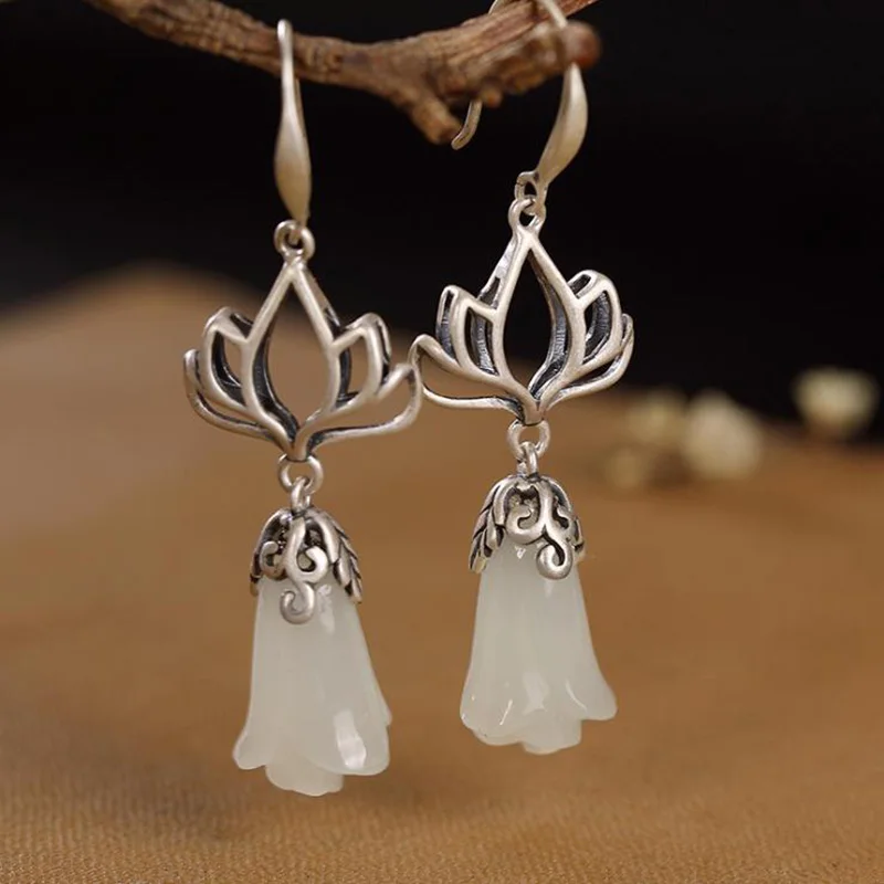 Original design natural Hetian white jade magnolia flower earrings Chinese style retro charm women's brand silver jewelry