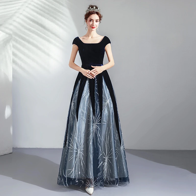 Vestido para madre de la novia, elegante, azul y negro, 1124