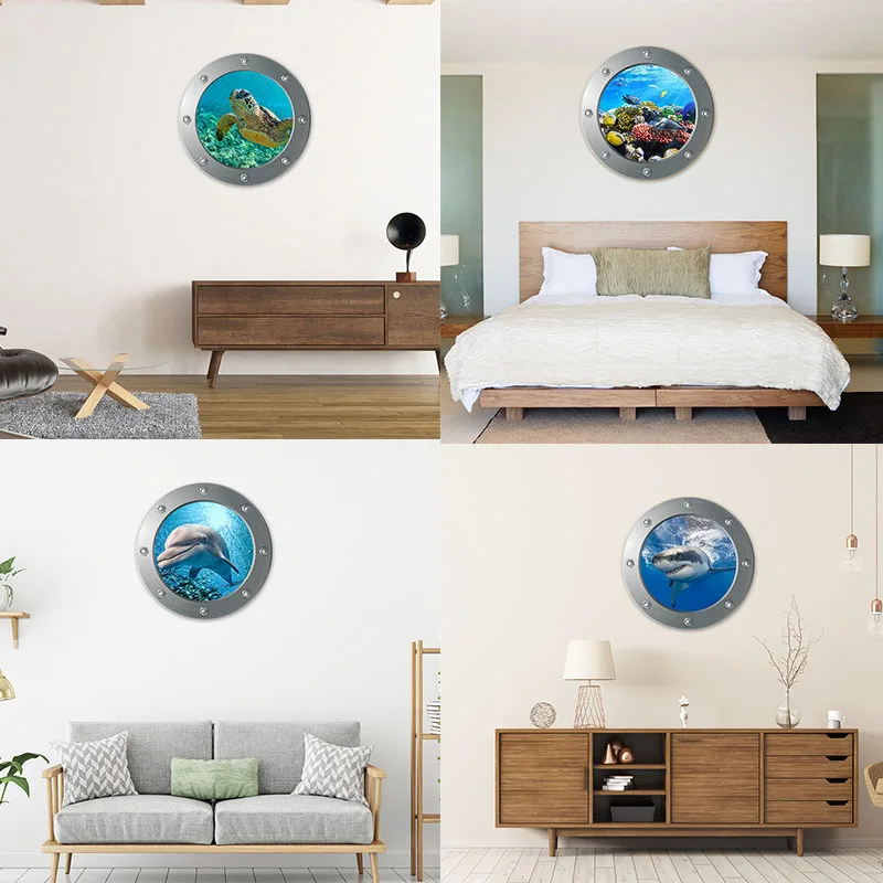 cute Shark coral fish turtle sea world animals 3D window submarine home decor wall sticker for washroom living room decal xmas