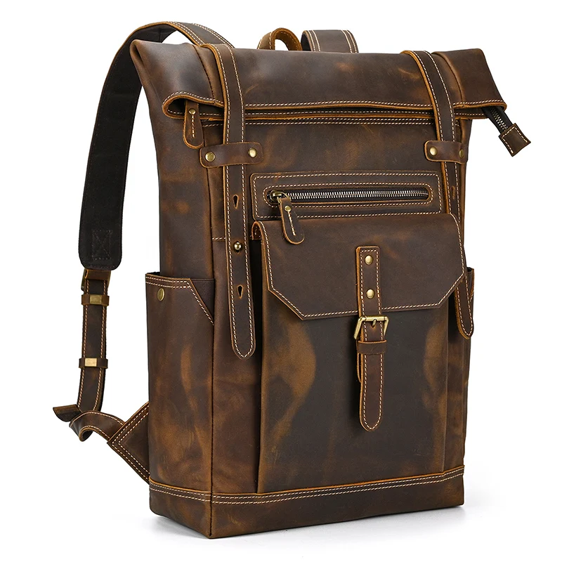 Newsbirds Vintage Style Leather Backpack Travel Bag Backpack For Men Computer Backpack 16 Inch Anti Theft Male Backpack Cowksin