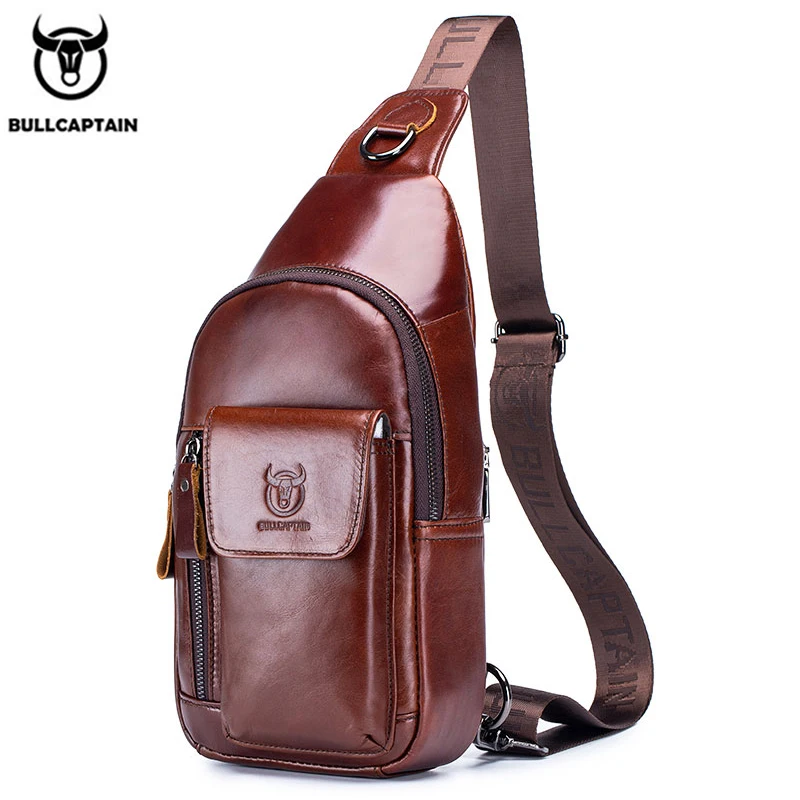 BULLCAPTAIN Genuine Leather Men\'s Messenger Bags Casual Chest Backpack Fashion Multifunctional Music Chest Bag Excursion Bag\'s