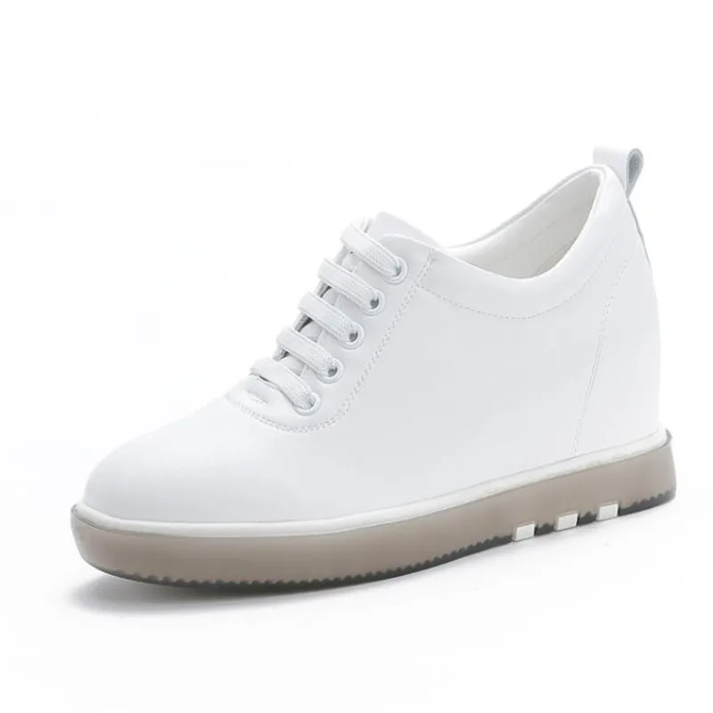 Hide Heel Genuine Leather Shoes Women Fashion Sneakers New Lace Up Height Increasing Casual Shoes White Sneakers