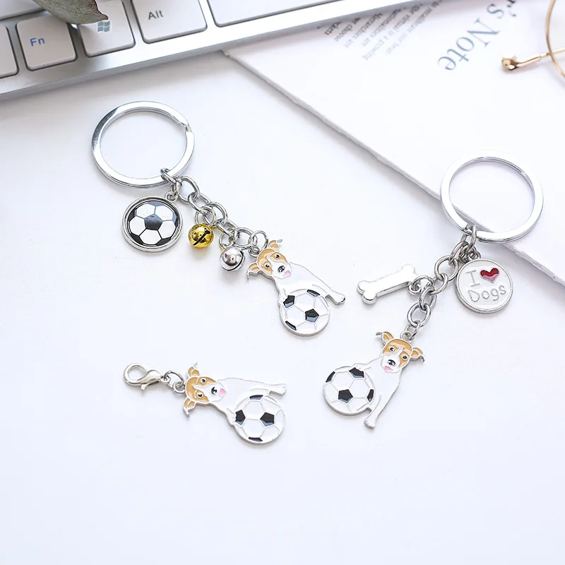 I Love Dog Playing Football Jack Russell Terrier Keyrings Pendant Women Metal Pet Bag Charms Car Key Chain Holder Jewelry Gifts