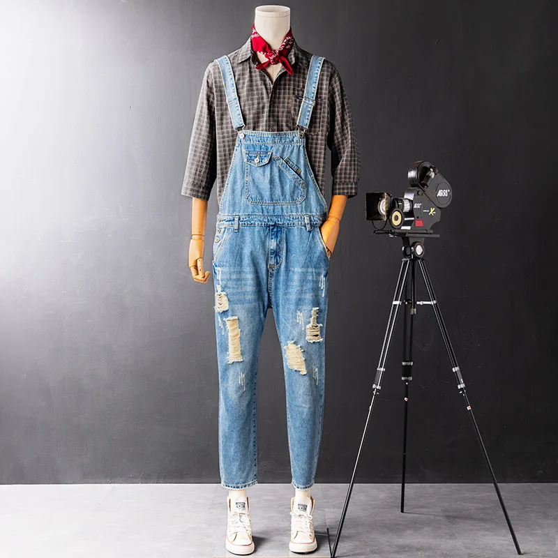 

Summer Men's Sleeveless Strap Jumpsuits Joggers Denim Bib Overalls Fashion Hip-hop Holes Loose Men's Jeans Trousers Streetwear