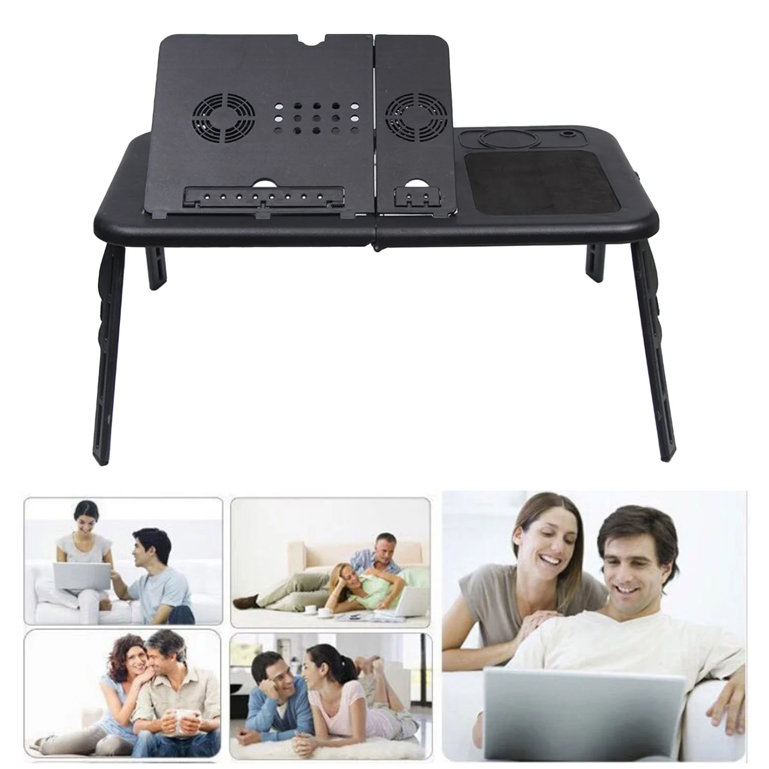 Besegad Portable Folding Adjustable Laptop Table Bed Table Tray USB Notebook PC Table Stand with 2 Cooling Fans Mouse Cup Holder