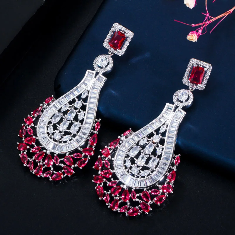 CWWZircons 70mm Luxury Statement Large Dangle Drop Rose Red CZ Earrings Vintage Wedding Bridal Party Costume Jewelry CZ664