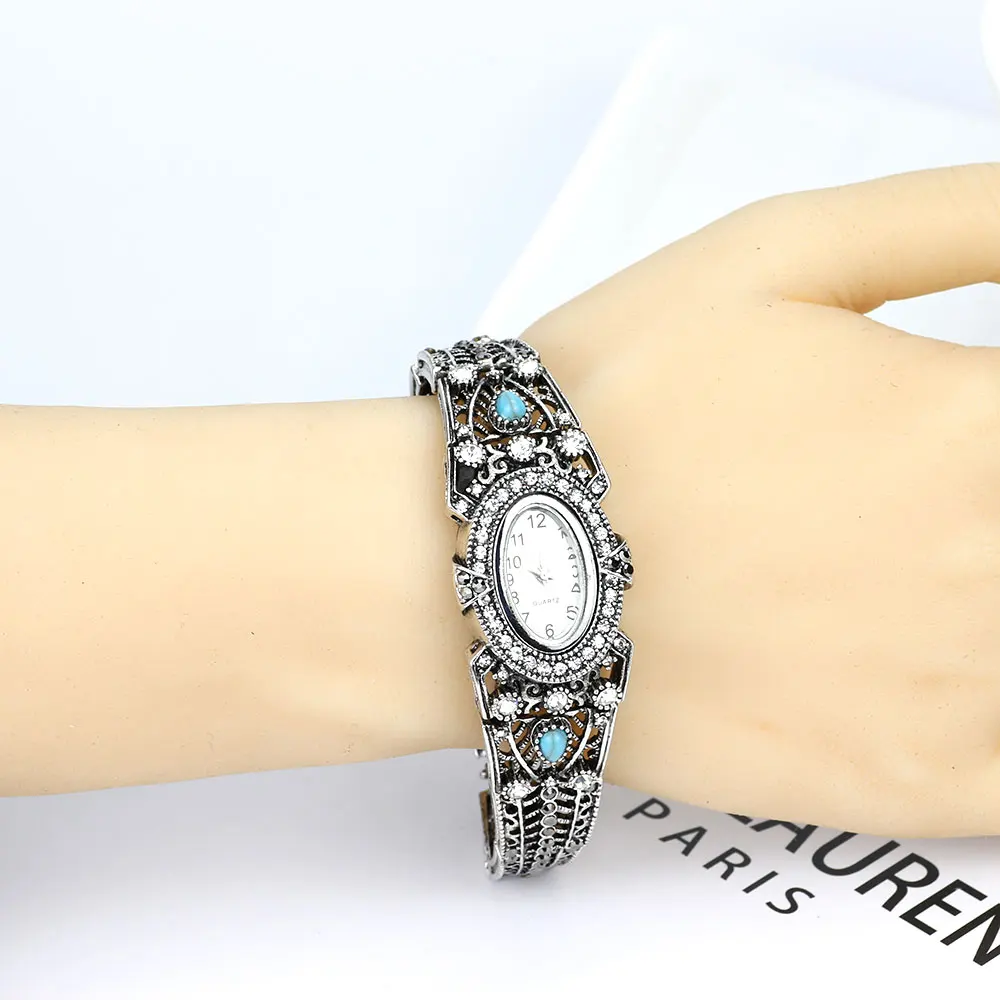 Sunspicems Indian Women Cuff Bracelet Wrist Bangle Watch Oval Watchcase Vintage Silver Color Rhinestone Elegant Festival Gift